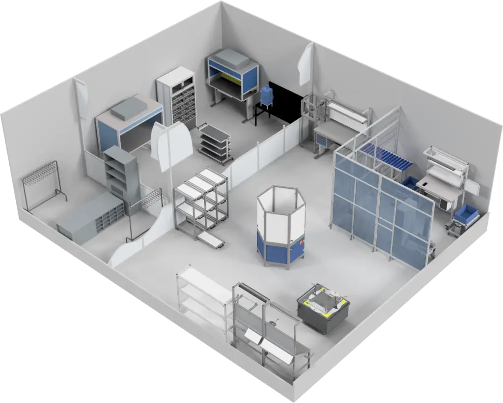Animation eines Raumlayouts mit Personalschleuse, Stickstoffschrank, Arbeitsplatz für Reinräume, UV-Belichtungsschrank, Regalsystemen, Trennwandsystemen, Arbeitsplätzen, Schutzzaunsystemen und Maschinengestellen
