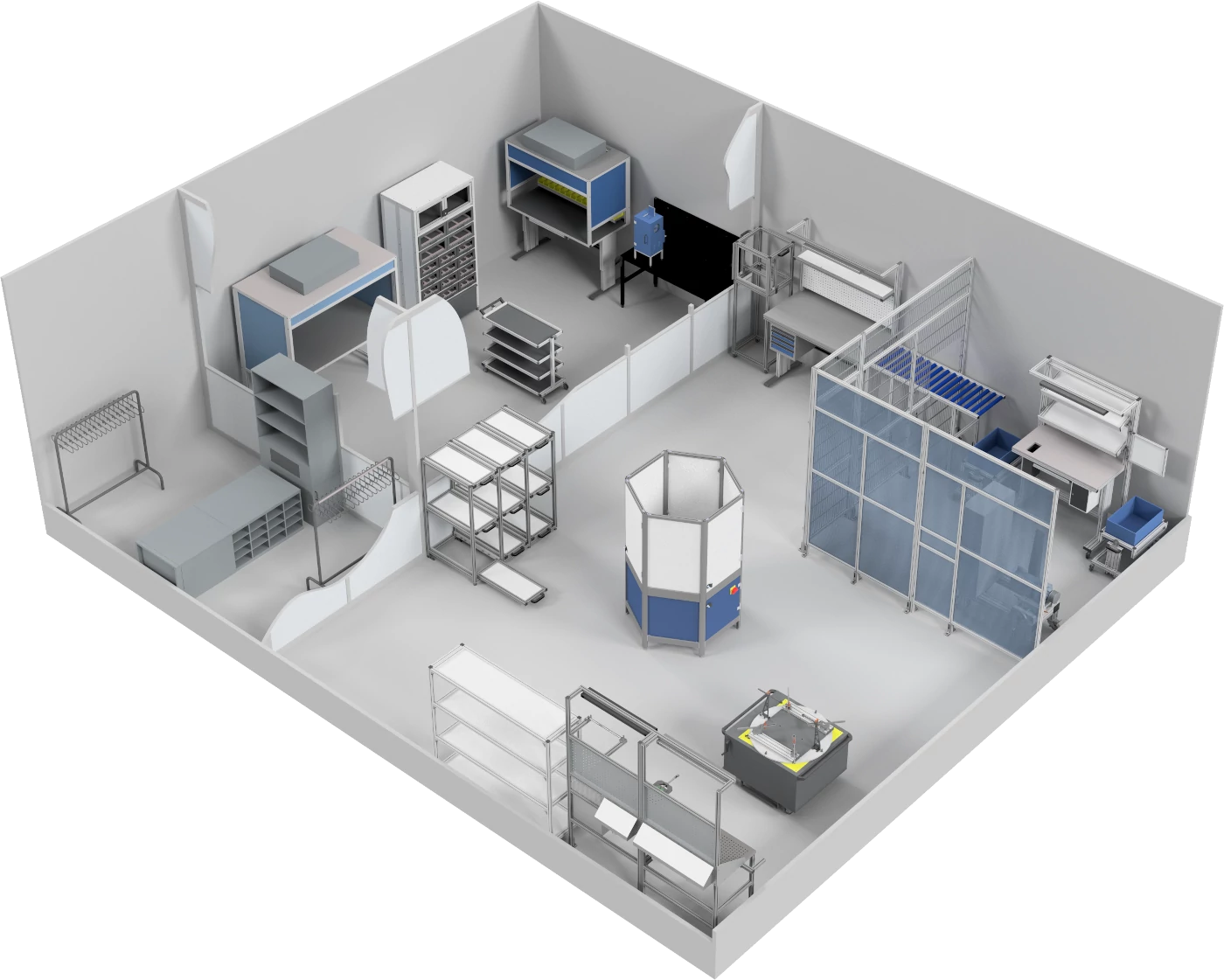 Animation eines Raumlayouts mit Personalschleuse, Stickstoffschrank, Arbeitsplatz für Reinräume, UV-Belichtungsschrank, Regalsystemen, Trennwandsystemen, Arbeitsplätzen, Schutzzaunsystemen und Maschinengestellen