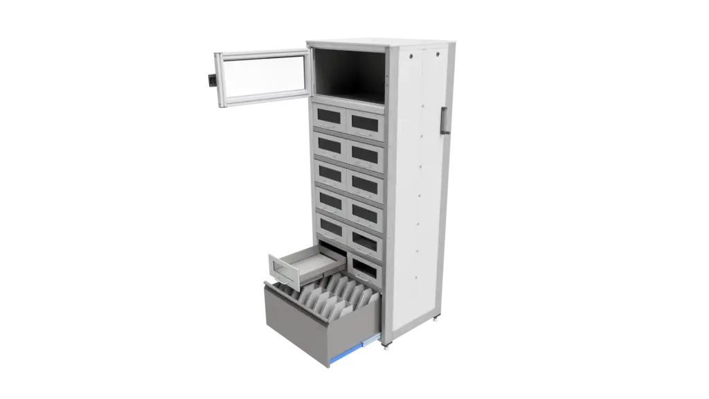 Animation eines Stickstoff Lagerschranks. Die Anordnung von oben nach unten ist wie folgt: Fach mit Tür, 12 kleinen Schubkästen mit inne liegendem Lochboden und einem großen Schubkasten. mit mehreren Trennwänden.