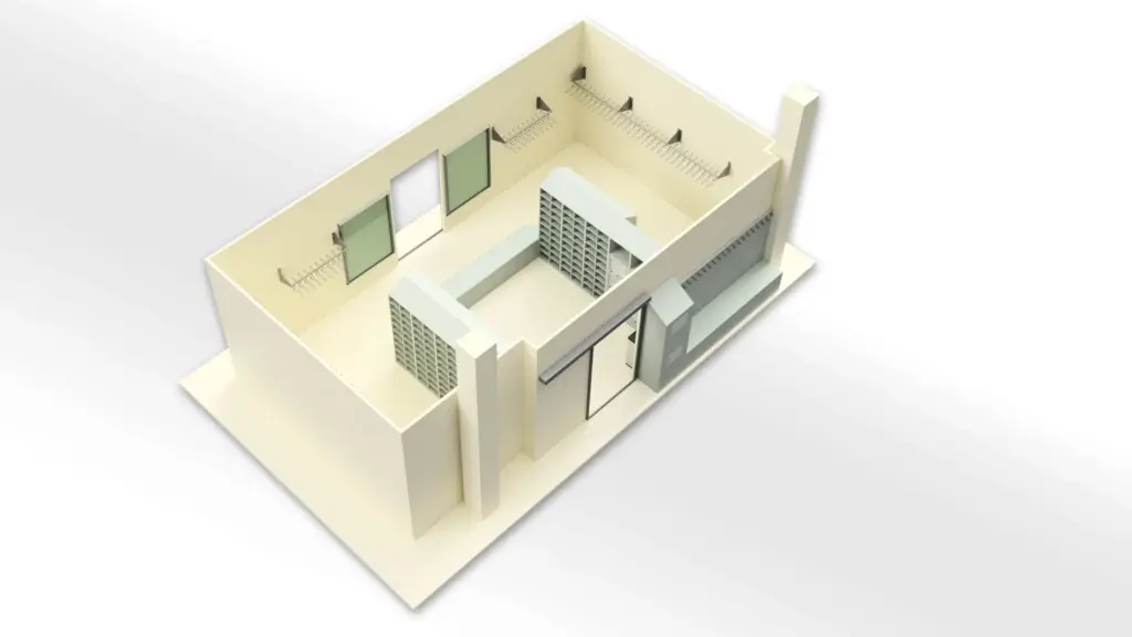 Animation einer Personalschleuse mit Schuhwechselbereich und Kleiderhaken