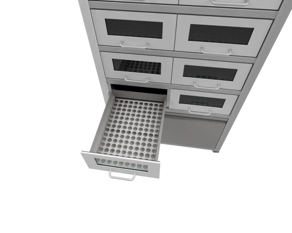 Detailansicht eines Stickstoff-Lagerschranks mit aufgezogenem Schubkasten in der Draufsicht.